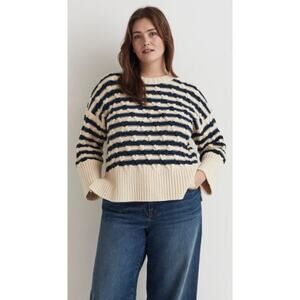 Madewell Cable-Knit Oversized Sweater Blue Cream Stripe